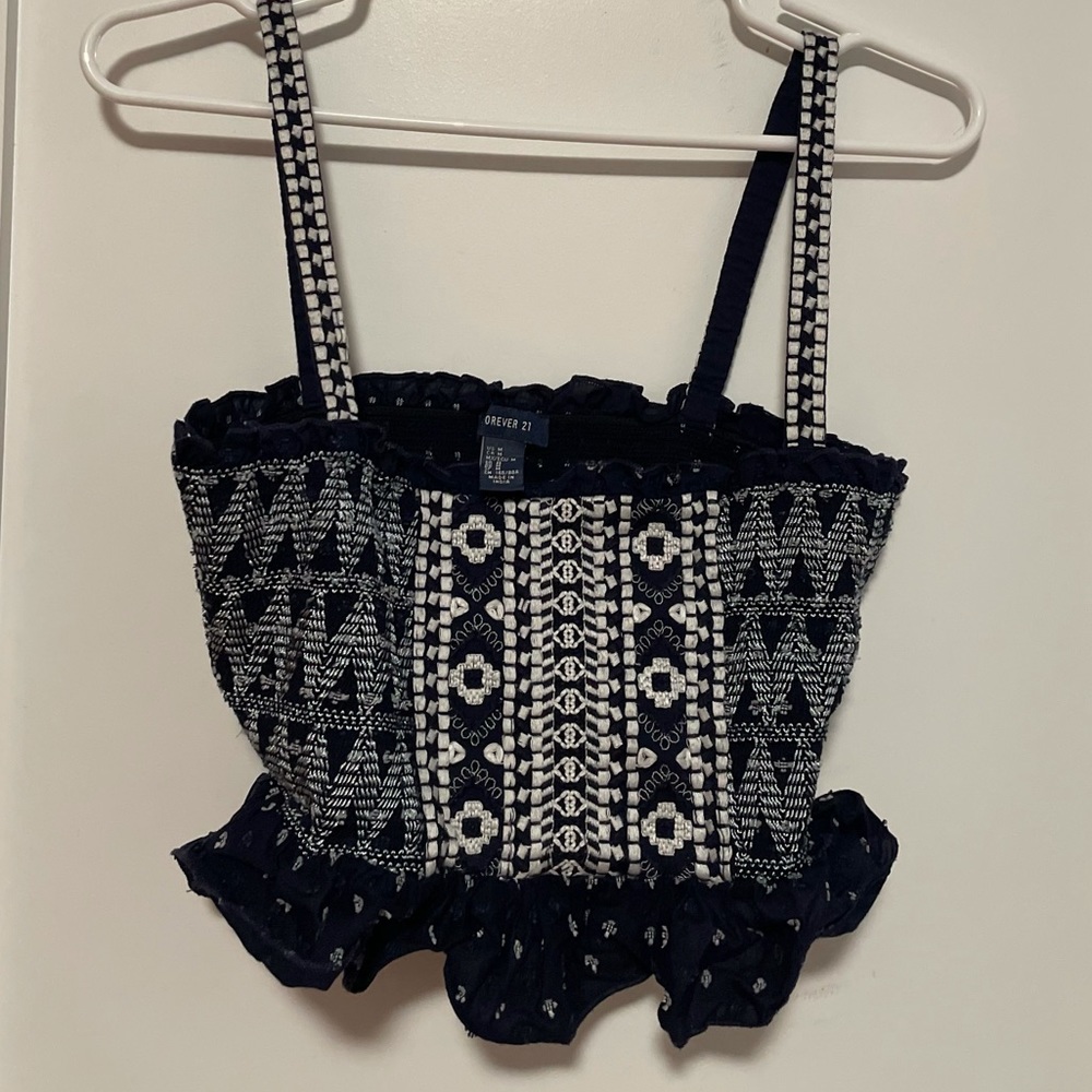 Forever 21 Blue Boho Embroidered Crop Play Top
